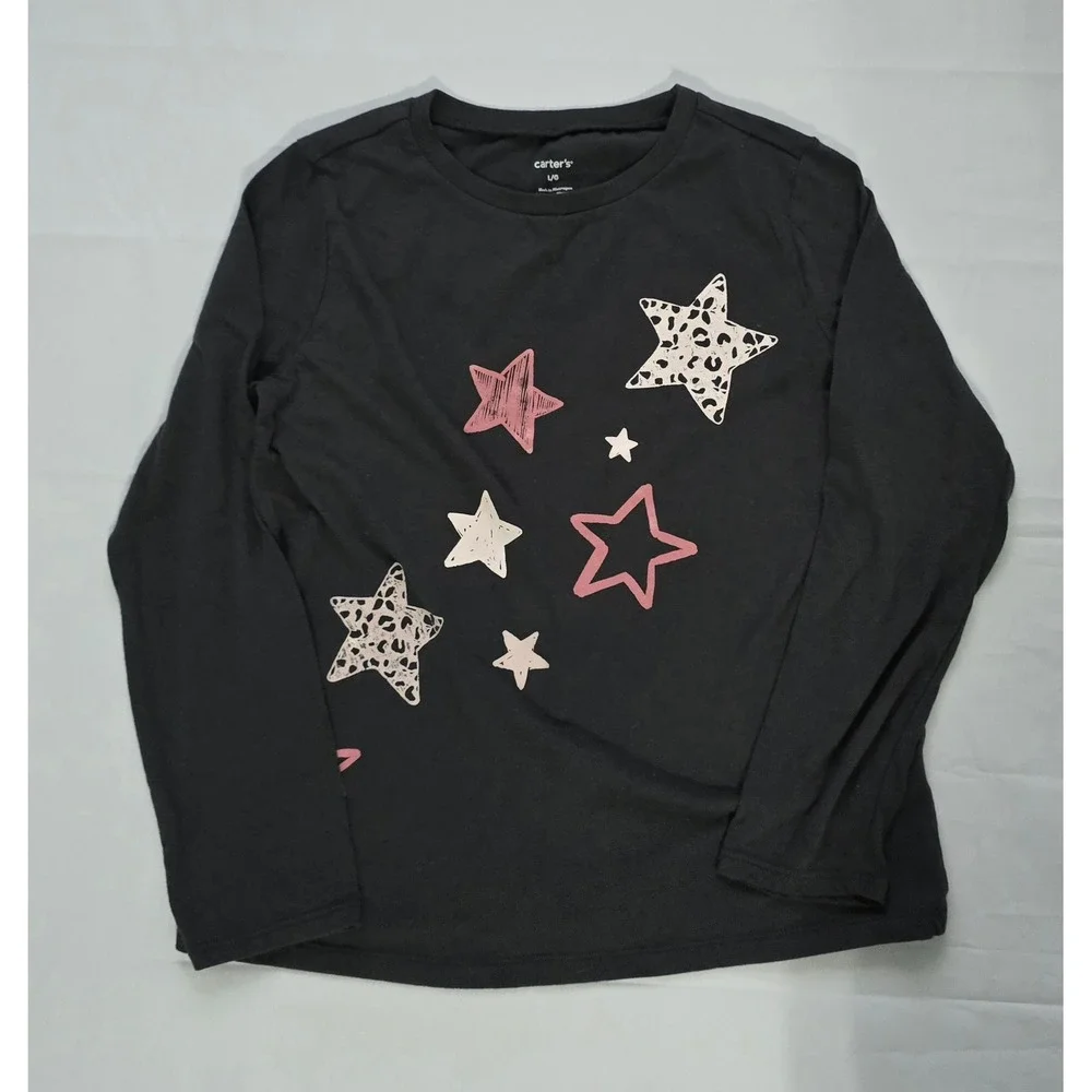Carters Girls Large Gray Long Sleeve Star Graphic Tee Shirt Leopard Print L/G